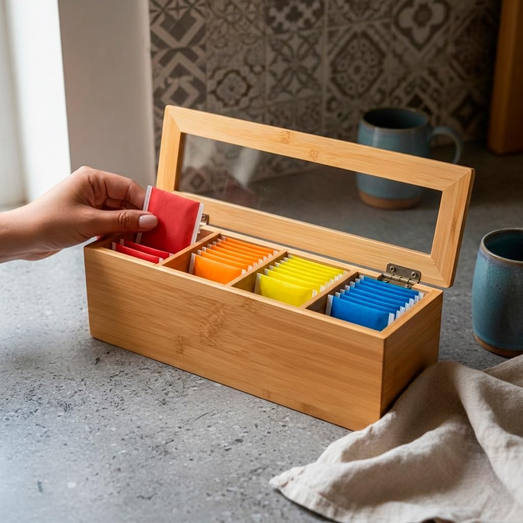 Tea Bag Organizer – Bamboo Tea Box Organizer with Acrylic Lid | Tea Storage Holder | Tea Caddy with 4 Compartments for Drawer, Kitchen Counter & Cabinet (11.8 x 3.5 x 3.5 in) image 2