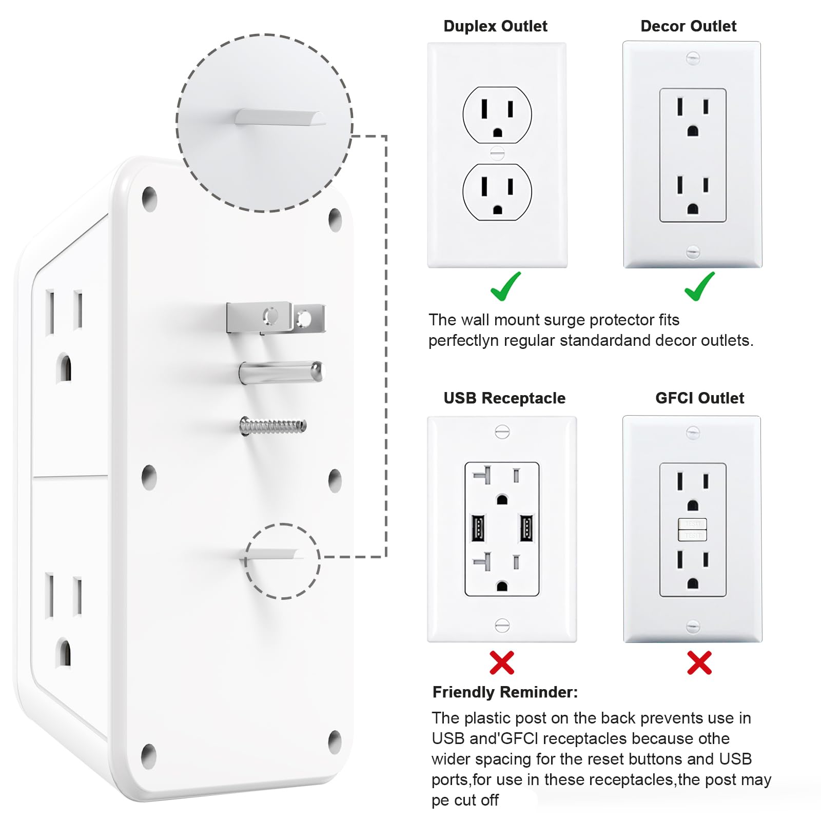 Extensor de salida con luz nocturna, protector de sobretensiones de enchufe múltiple, divisor de 6 salidas con 4 salidas USB (2 USB A, 2 USB C) Adaptador de pared de 3 lados para el hogar, viajes y