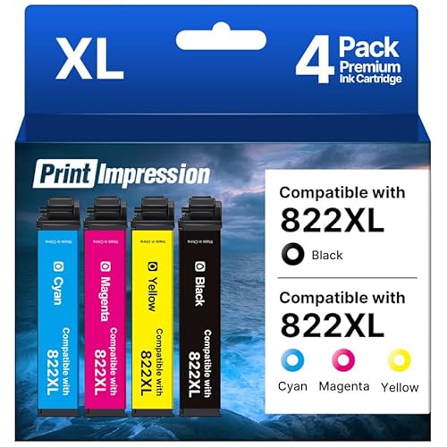 822XL Ink Cartridges Remanufactured Replacement for 822XL Ink Cartridges Combo Pack for 822 XL Use with Workforce Pro WF-3820 WF-4820 WF-4830 WF-3823 WF-4834 (Black Cyan Magenta Yellow)