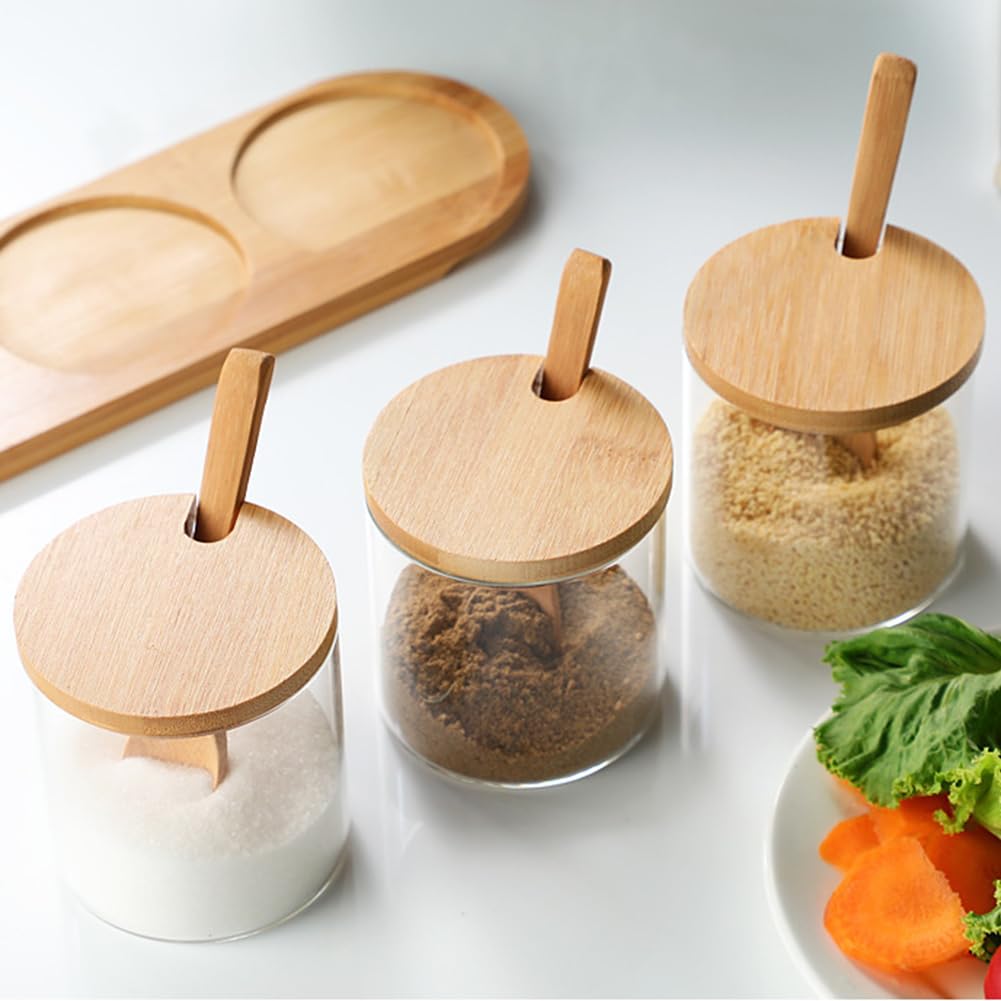 QUUPY Lot de 2 bocaux en verre transparent de 300 ml/10 fl oz avec cuillères et couvercles, récipients à épices et assaisonnements pour la cuisine, la cafétéria et le comptoir, ensemble de pots pour