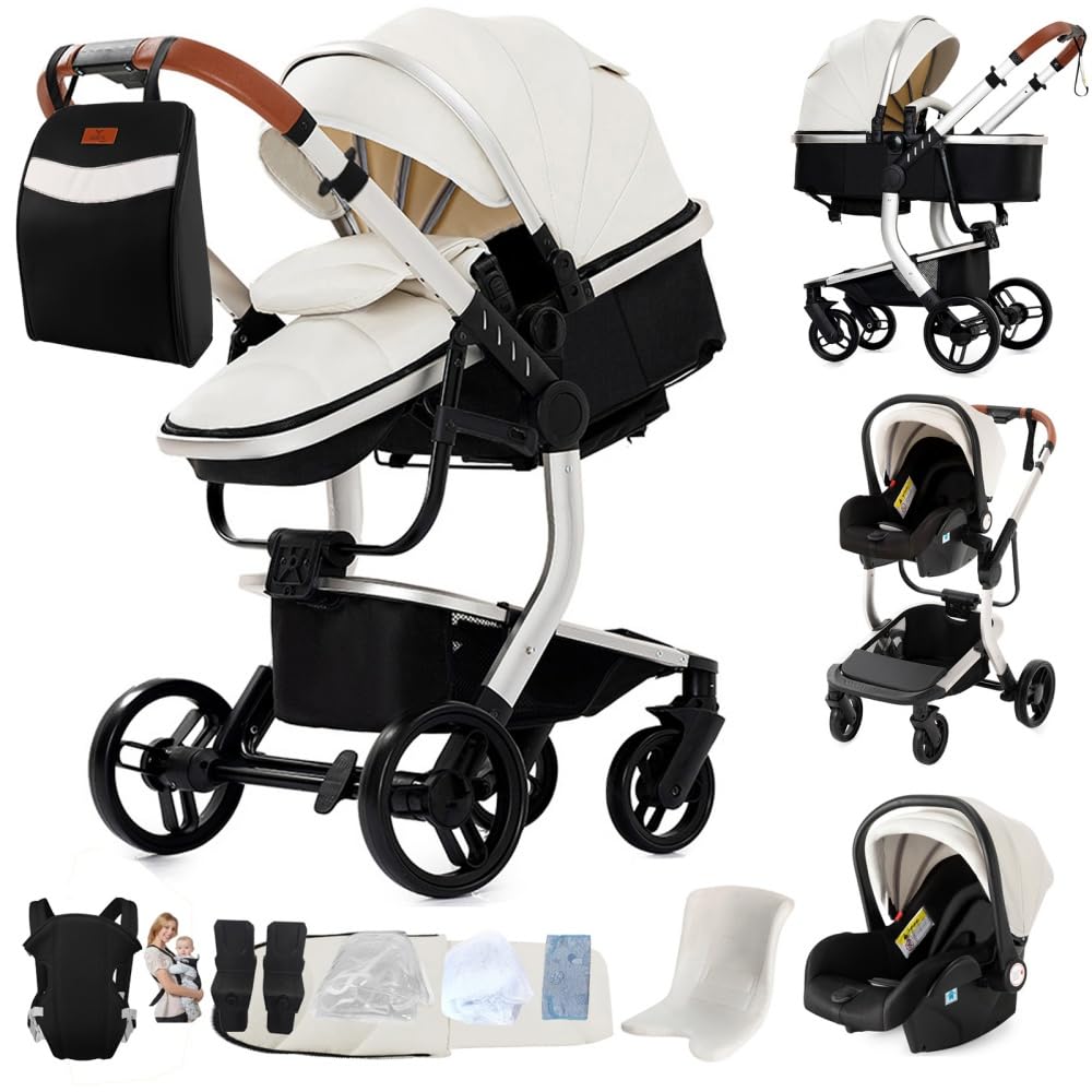 Trio Passeggino Pieghevole, Altezza Regolabile, Vista Panoramica, Bianco | Design innovativo, solido e sicuro. Include borsa mamma e marsupio inclusi nel set