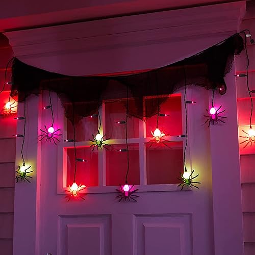Miniatura 2 de Jasneniebo Luces decorativas de Halloween, 25 bombillas enchufables de 7 pies, tira de luces de Halloween con 10 arañas conectables, cortina de