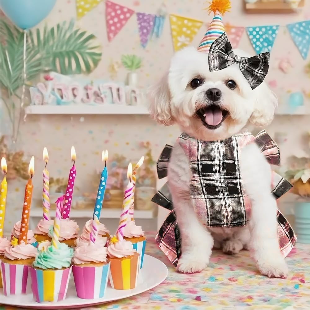Robe pour Chien Élégante en Tartan Rose Et Noir avec Noeud Papillon Vêtement Canin Respirant pour Mariage Et Cérémonies pour Petit Moyen Grand (S)