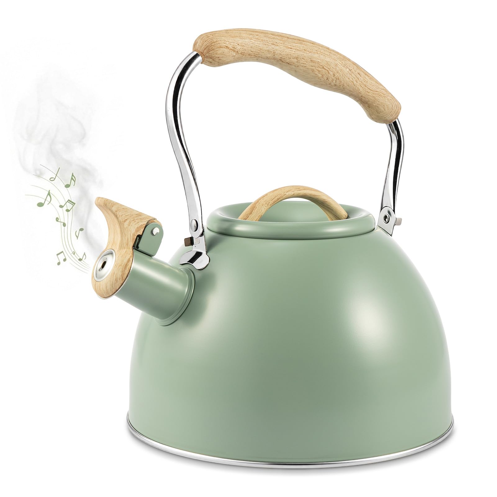 EVERGOODS 3L Whistling Kettle Stainless Steel Tea Pot Wood Handle Green