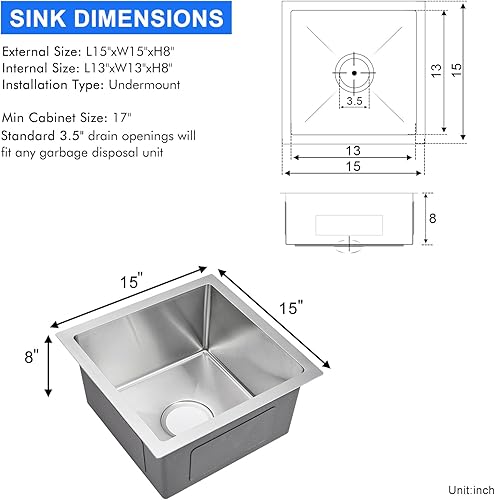 Vista 52 de MENATT Fregadero de cocina de 20 pulgadas, acero inoxidable SUS304 hecho a mano, fregadero de cocina con colador de fregadero (cepillado), 20 x 16 x