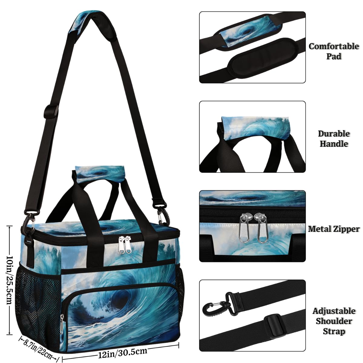 Sea Ocean Insulated Picnic Backpack Lunch Box for Women Men Picnic Basket Tote Lunch Bag Picnic Bag Portable Lunch Bags for Picnic, Beach, Work, Trip,Office, Camp Abstract Waves Blue