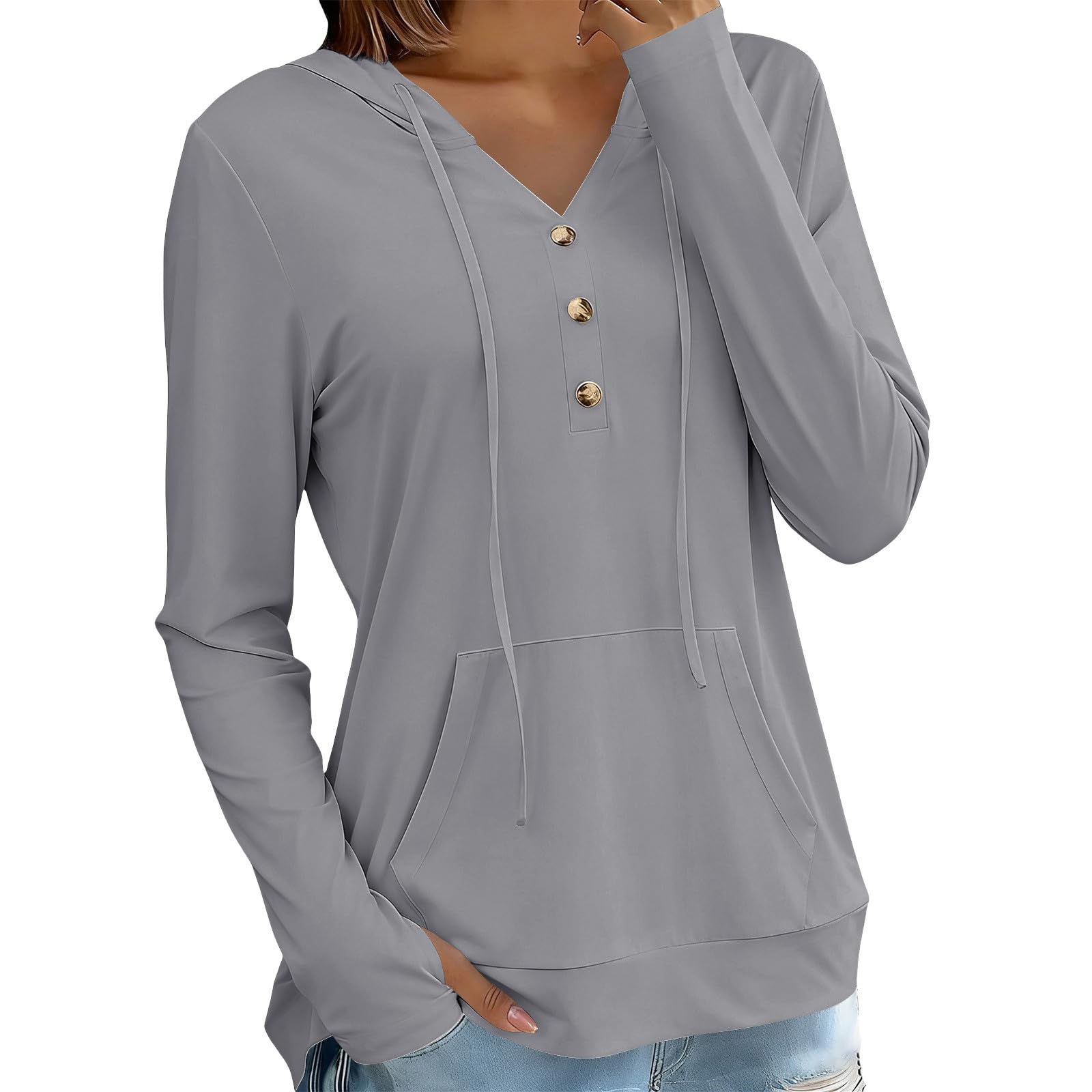 Sonnenschutz Hoodie Damen Sommer Dünne Sweatshirt mit Kapuze Knöpfe V-Ausschnitt Kapuzenpullover Schnelltrocknend Langarmshirt Locker Hoody Oberteile Leichte Langarm Sportshirt Casual Strand Top
