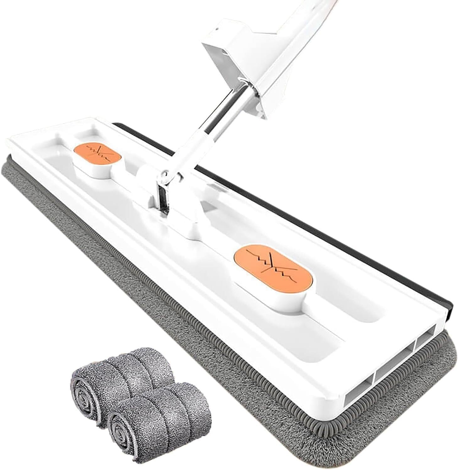 Mopa plana grande, sistema de fregona plana grande y cubo, uso en húmedo y seco, mango largo ajustable de acero inoxidable de 54 pulgadas 12027 (mopa plana blanca + 2 cabezales de fregona)