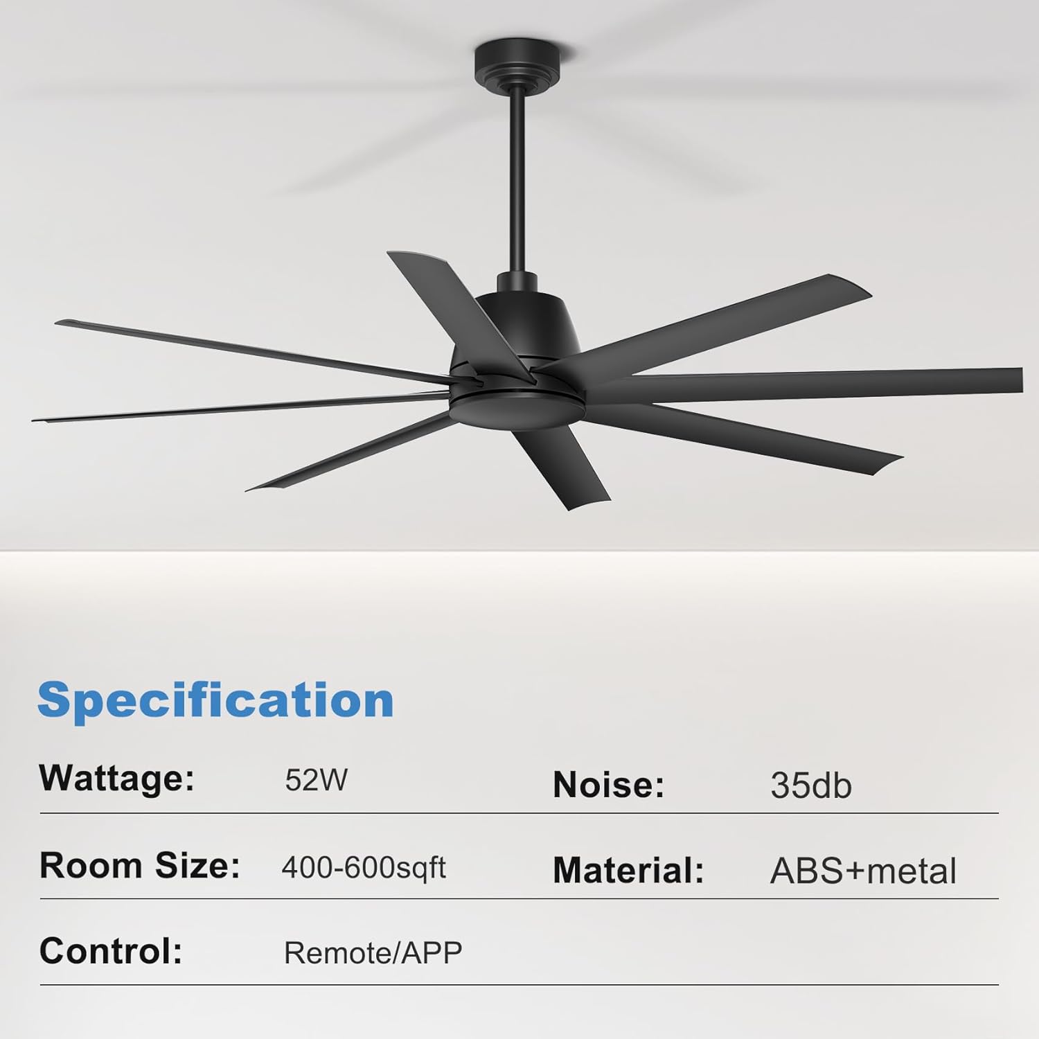 65’’ Ceiling Fan No Light, 6 Speeds, Noiseless Dc Reversible Motor, Black Outdoor Modern Ceiling Fan without Light for Living Room Shop Garage Patio Indoor Outdoor - Image 7