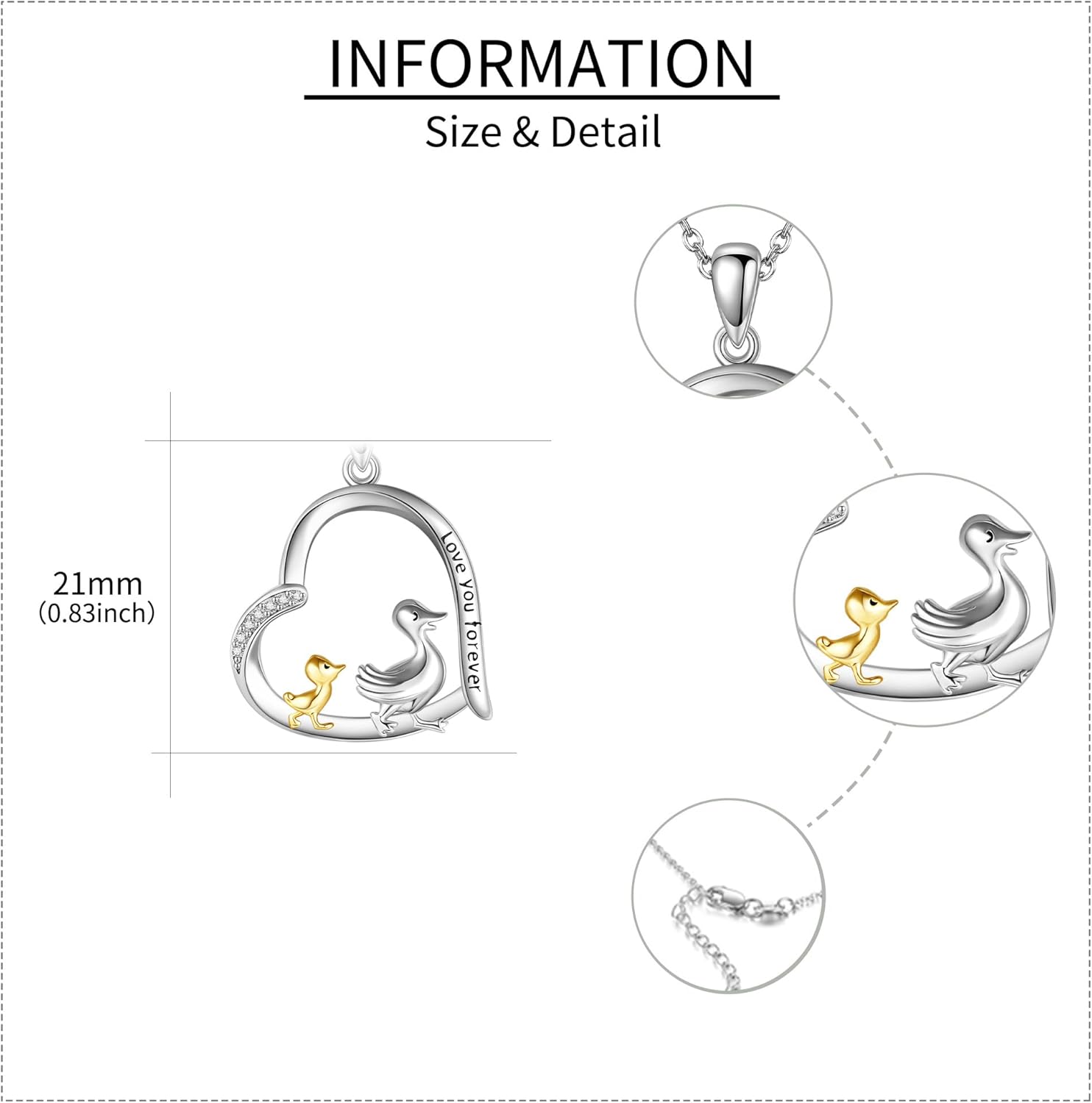 925 Sterling Silver Duck Pendant Necklace - Heart Mom and Child Jewelry for Women - Duck Lovers Gifts