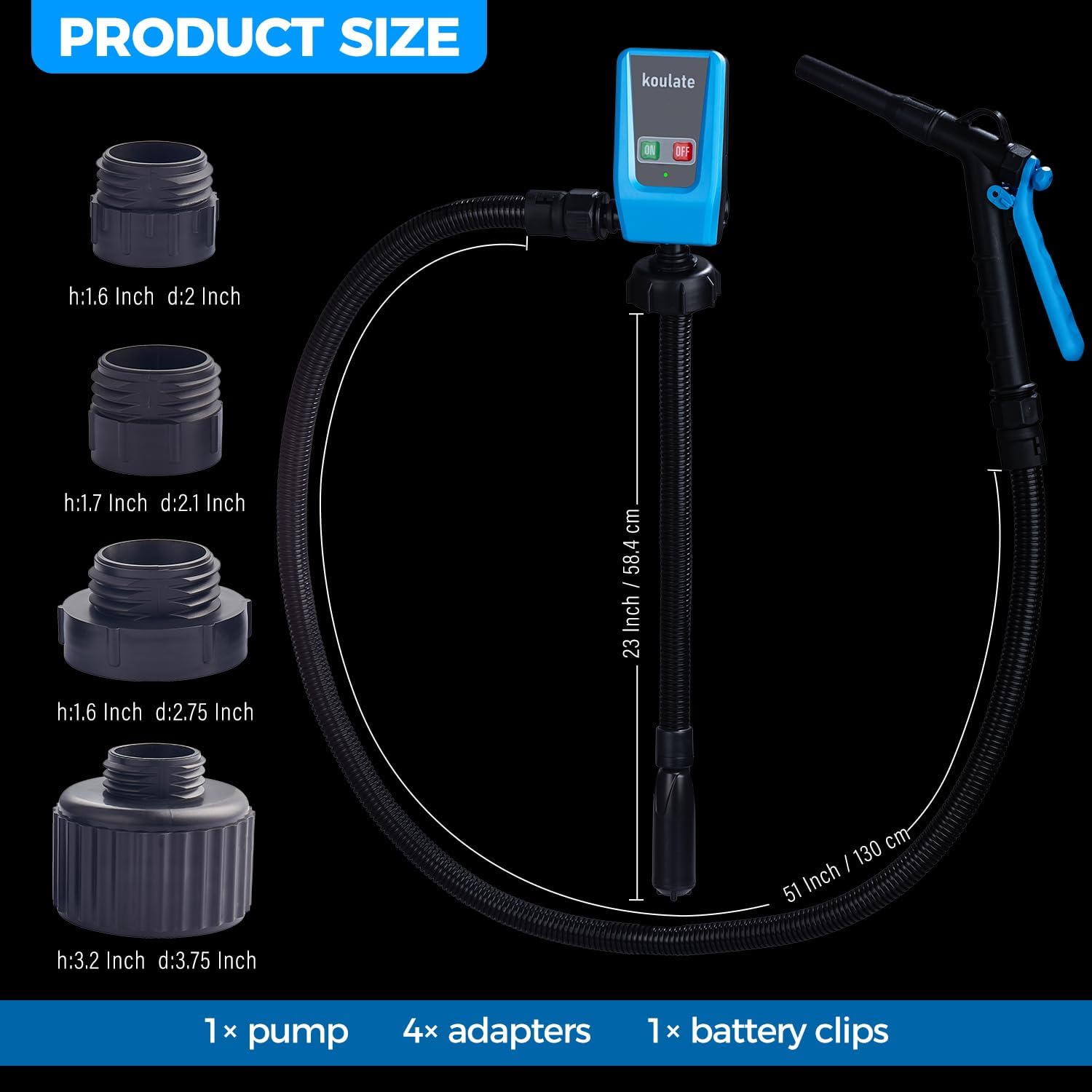 Fuel Transfer Pump, Portable 12V/Battery Powered Gas Pump, 3.2 GPM with 51” Hose & 4 Adapters, for Gasoline, Diesel, Oil - Fast, Safe Transfer for Car, Boat, Lawn Mower (Sky Blue)