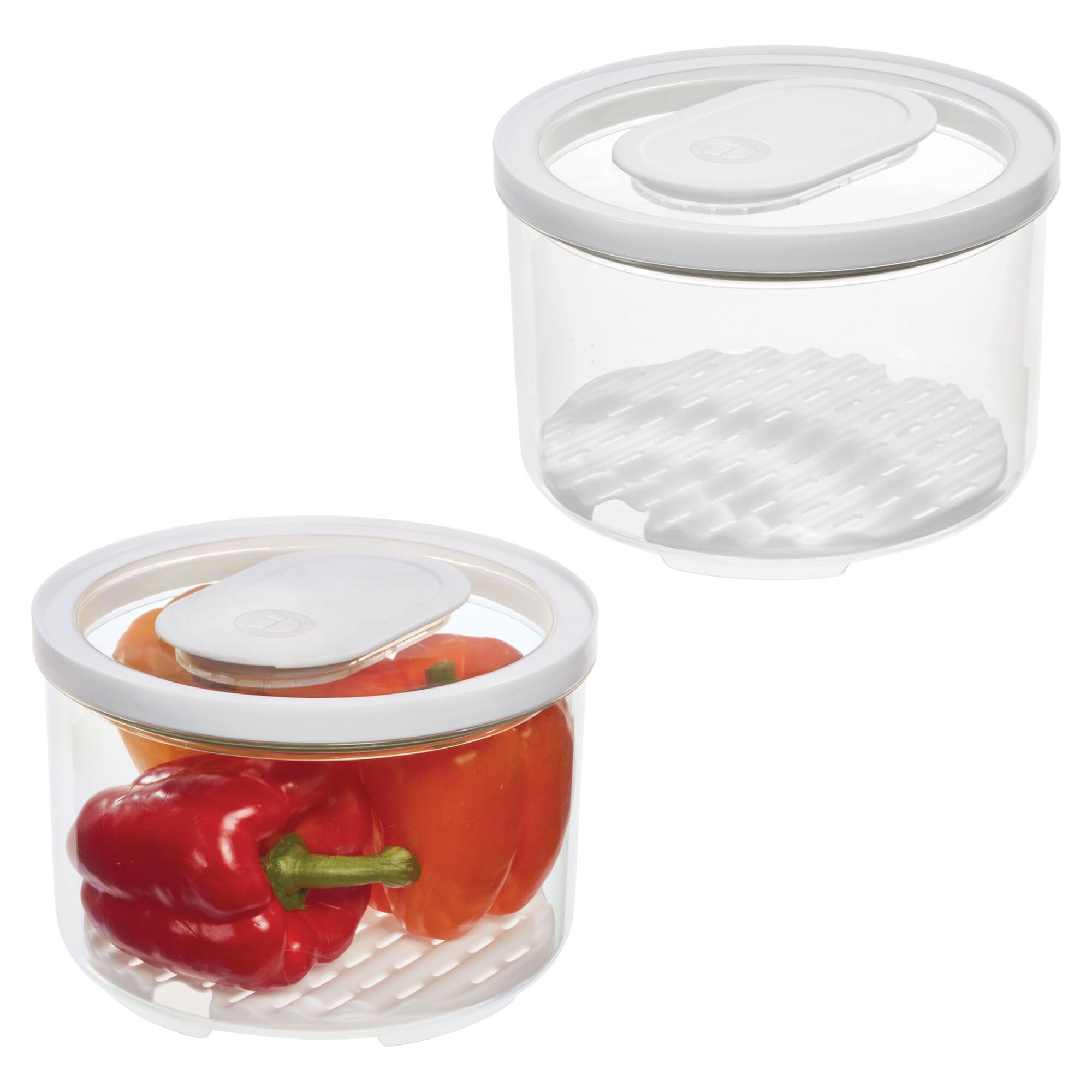 InterDesign iDesign - Pattumiera rotonda per frigo, con vassoio di drenaggio rimovibile e coperchio, set da 4, trasparente