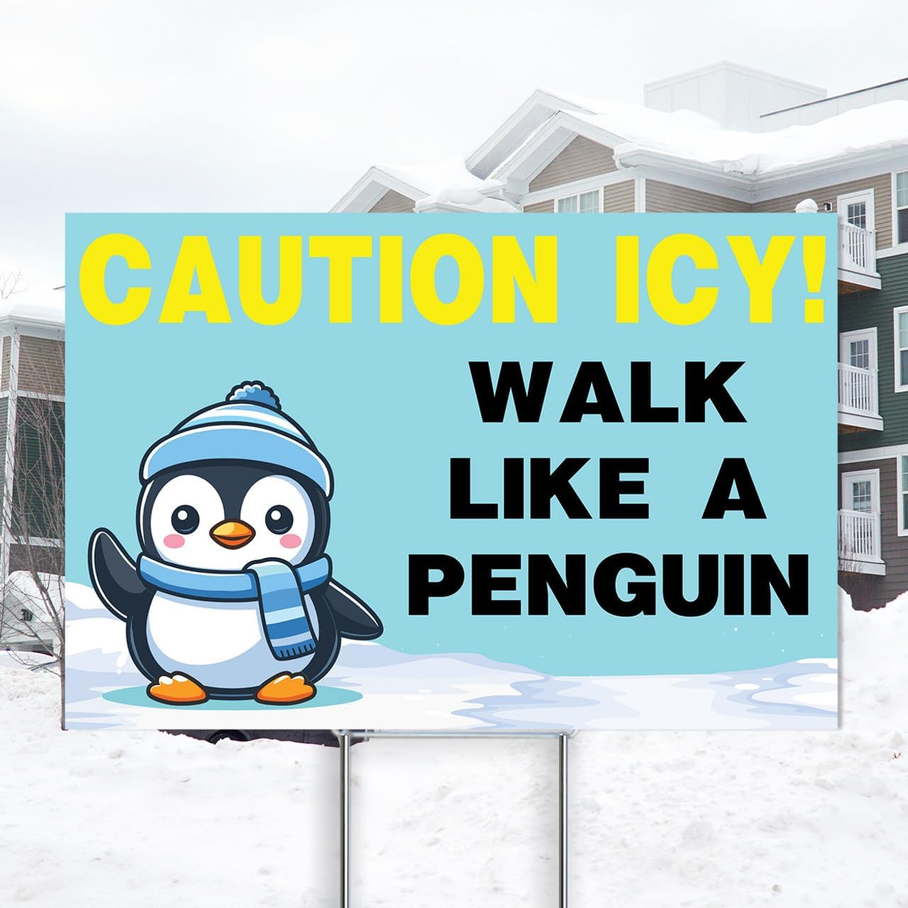 Caution Icy Conditions 12"x18" Yard Sign with Heavy-Duty Sign Step-Stake - Double Sided, Weatherproof, & Coroplast Sign - Caution Blue - Welcome Home America
