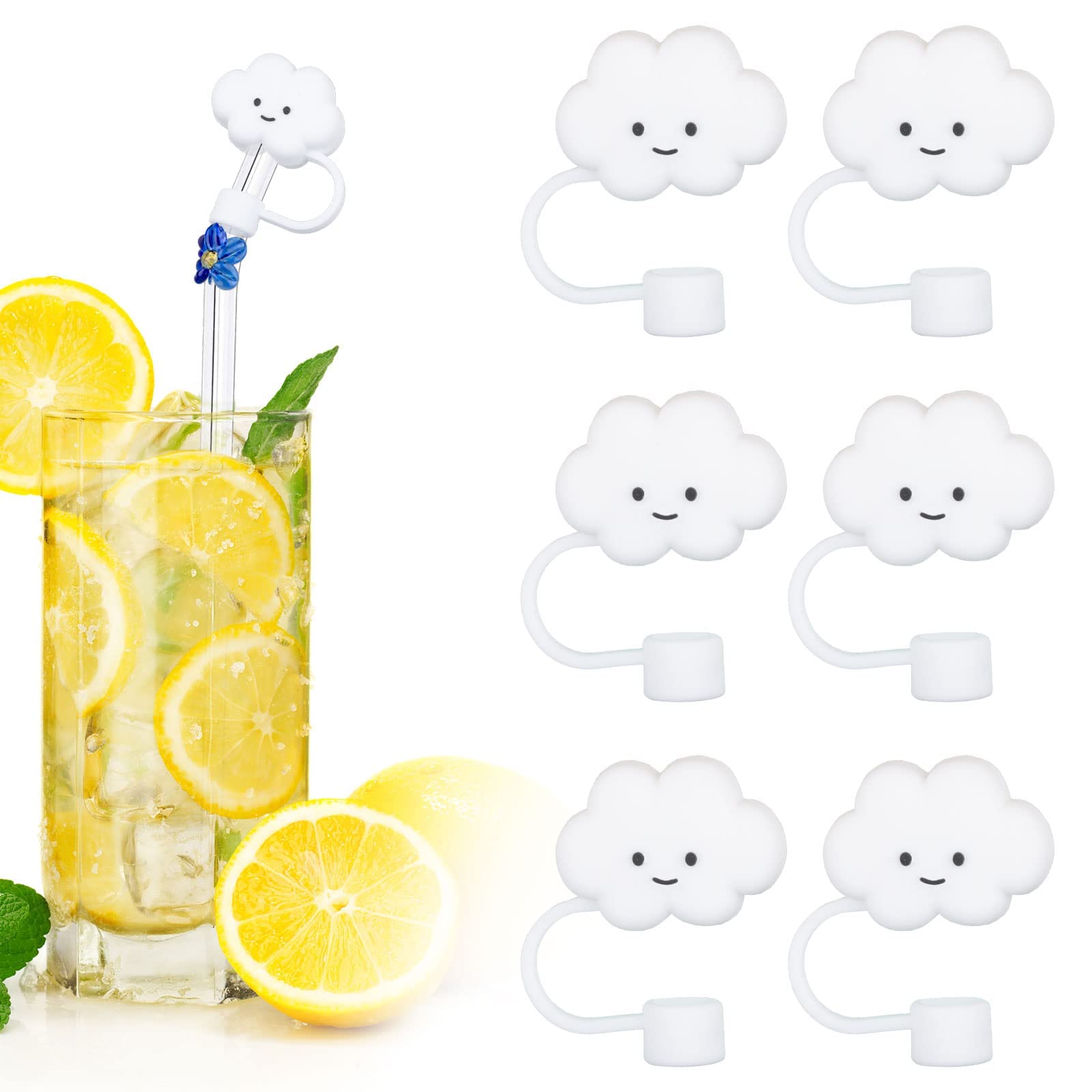 6 Pack Cloud Shape Straw Covers Cap, Cute Silicone Cloud Straw Covers, Straw Protectors, Soft Silicone Cloud Shape Straw Lid for 6-8 mm Straws