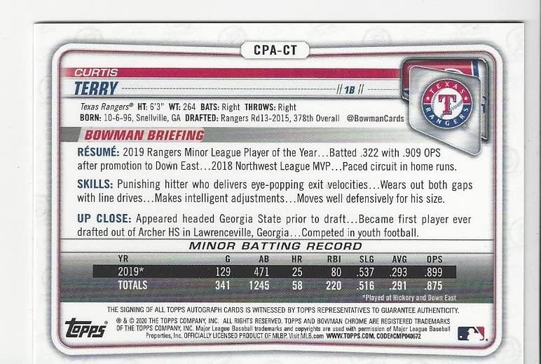 Curtis Terry Autographed 1st Bowman Chrome Prospect Collectible Baseball Card - 2020 Bowman Chrome Baseball Card #CPA-CT (Rangers) Free Shipping