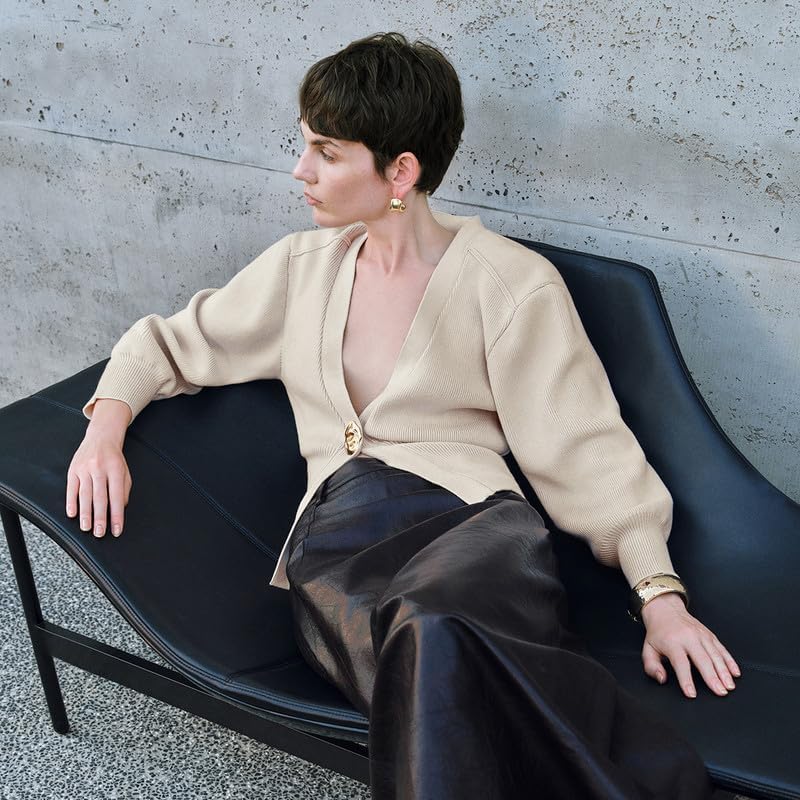 URBAN REVIVO Women Knitted Cardigans Long Sleeve V-Neck Lightweight Sweater One Leaf Button Down Outwear - Image 3