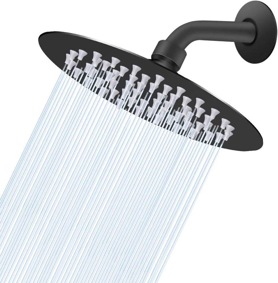 NearMoon High Pressure Shower Head with Shower Arm, High Flow Stainless Steel Rain Showerhead, Ultra-Thin Design, Pressure Boosting-Awesome Shower Experience (6 Inch Head + Shower arm, Matte Black)