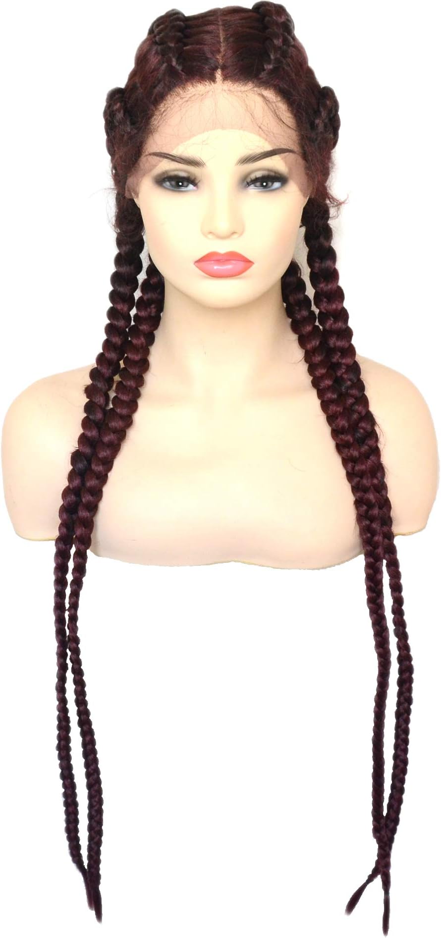 BLUPLE 30'' Long Double Dutch Lace Front Braided Wigs with Baby Hair Mixed Burgundy Red Black Color 360 Lace Front Cherry Wig 100% Hand Braided for Women Heat Resistant Lightweight Synthetic Twisted Braids Wig