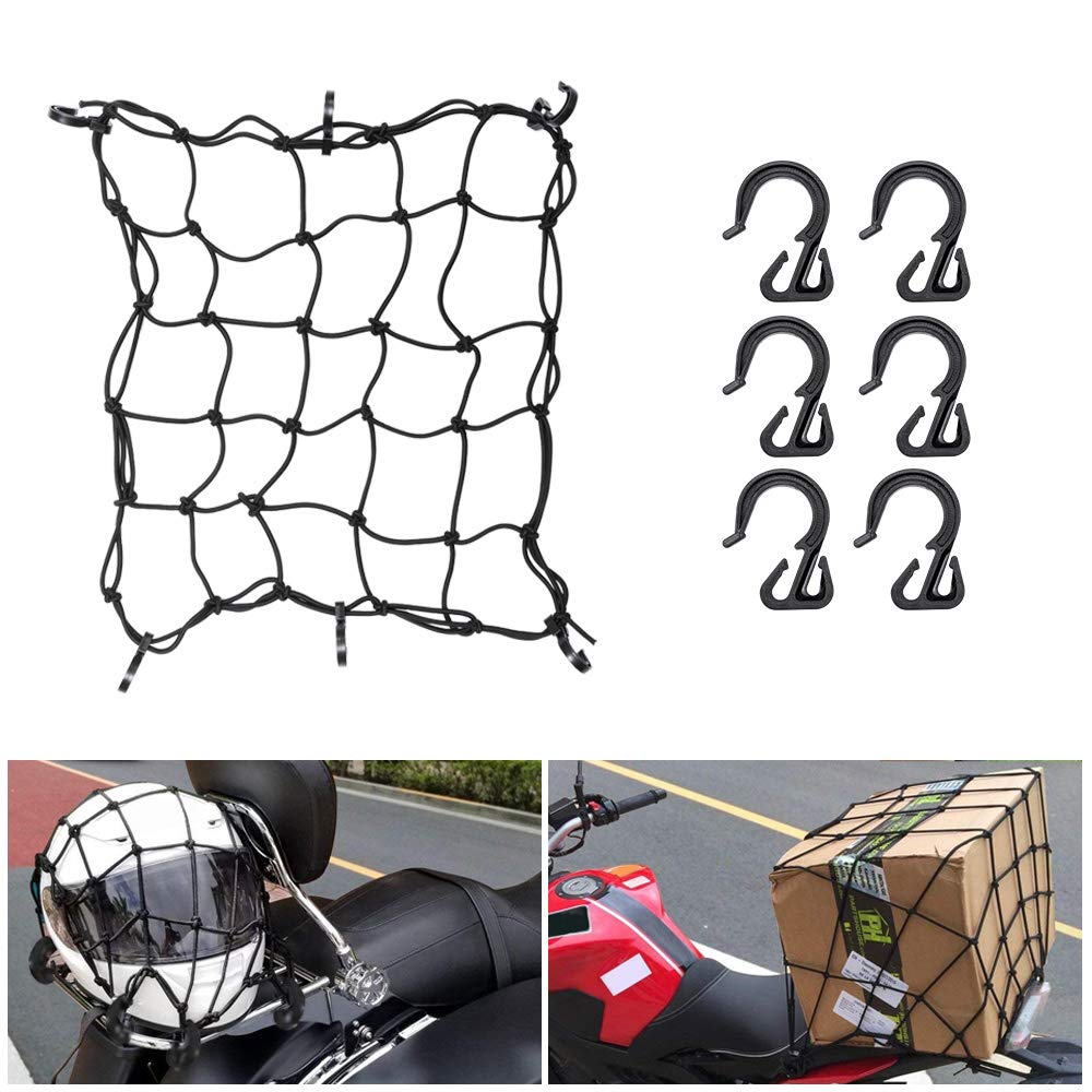 BUNKER INDUST 16" x 16" Heavy Duty Bungee Cord Cargo Net Stretches to 30" x 30"-Latex Truck Bed Mesh,Luggage Net with 6Pcs Free Adjustable Hooks for Motorcycle Bike Paddleboard Quad Canoe Moped ATV