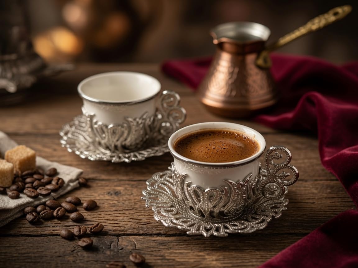 Alisveristime Sunum Turkish Coffee Set, 2 Cups, 2.7 fl oz (Silver)