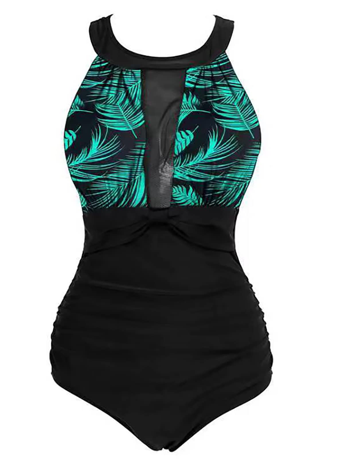 Viloree Costume da Bagno Intero da Donna con Controllo della Pancia Increspato Costumi da Bagno Collo Alto Foglie Verdi M