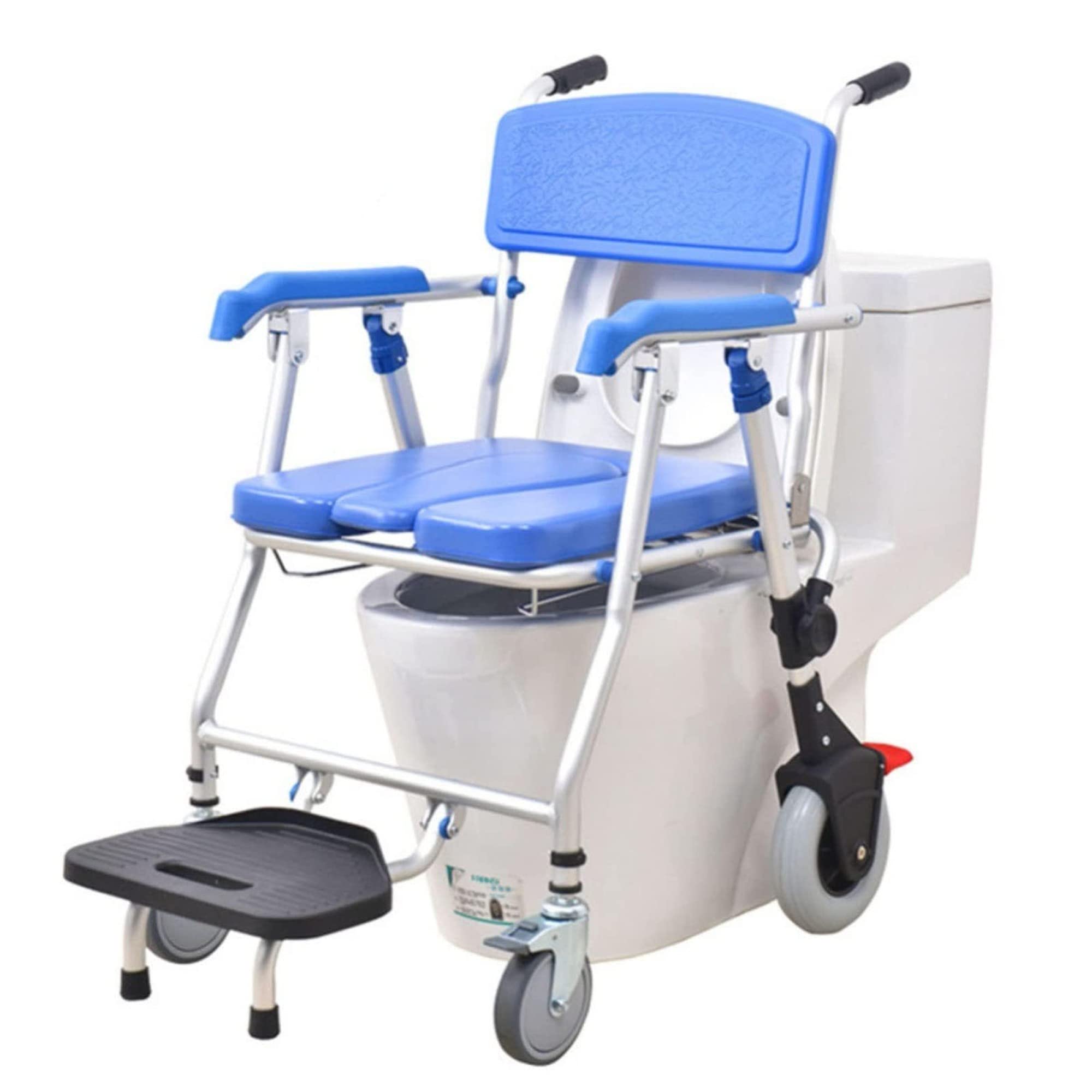 Chaise de toilette à roulettes avec freins et pédale pliable 4 en 1