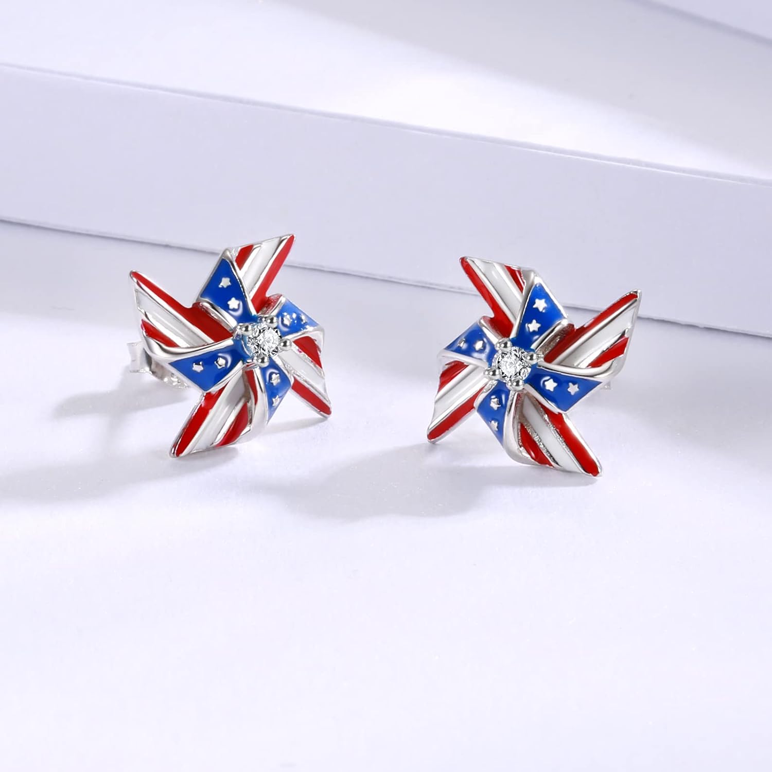 Silver USA American Flag Earrings - Patriotic Star Ears Stud Fourth of July Windmills Independence Day Hoop Jewelry Gift for Women Veterans