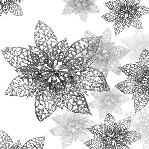 WILLBOND 36 Pieces 3 Size Christmas Glitter Poinsettia Artificial Wedding Flowers Christmas