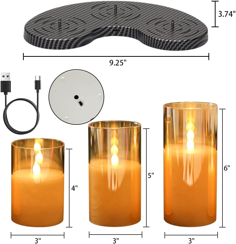 GenSwin Rechargeable Candles with Charging Station, Glass Battery Operated Flamless Candles with Remote Timer, LED Pillar Flickering Candle for Halloween Christmas Wedding Home Decor(Pack of 3, Gold) Rechargeable-Gold