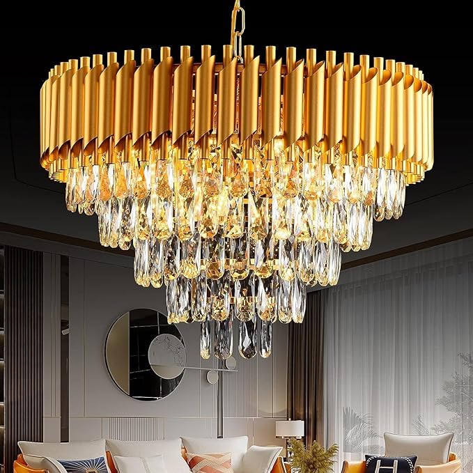 Lytron Modern K9 Black Gold Crystal Chandelier Ceiling Light Fixture for Living Room and (Gold, 600mm).