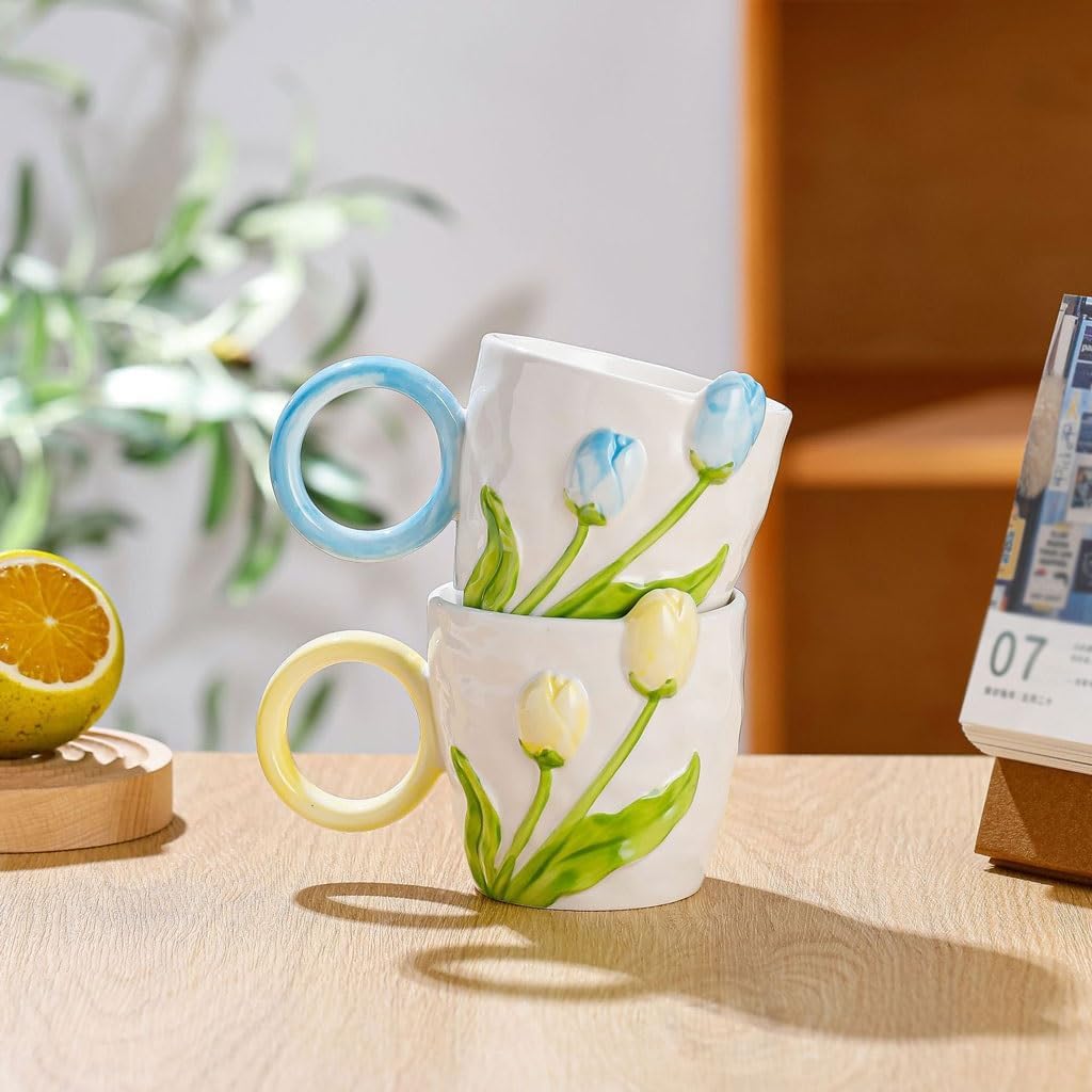 Mug Creative Relief Hand-Painted Flower Pattern Ceramic Home Office Afternoon Tea Water Cup(C)