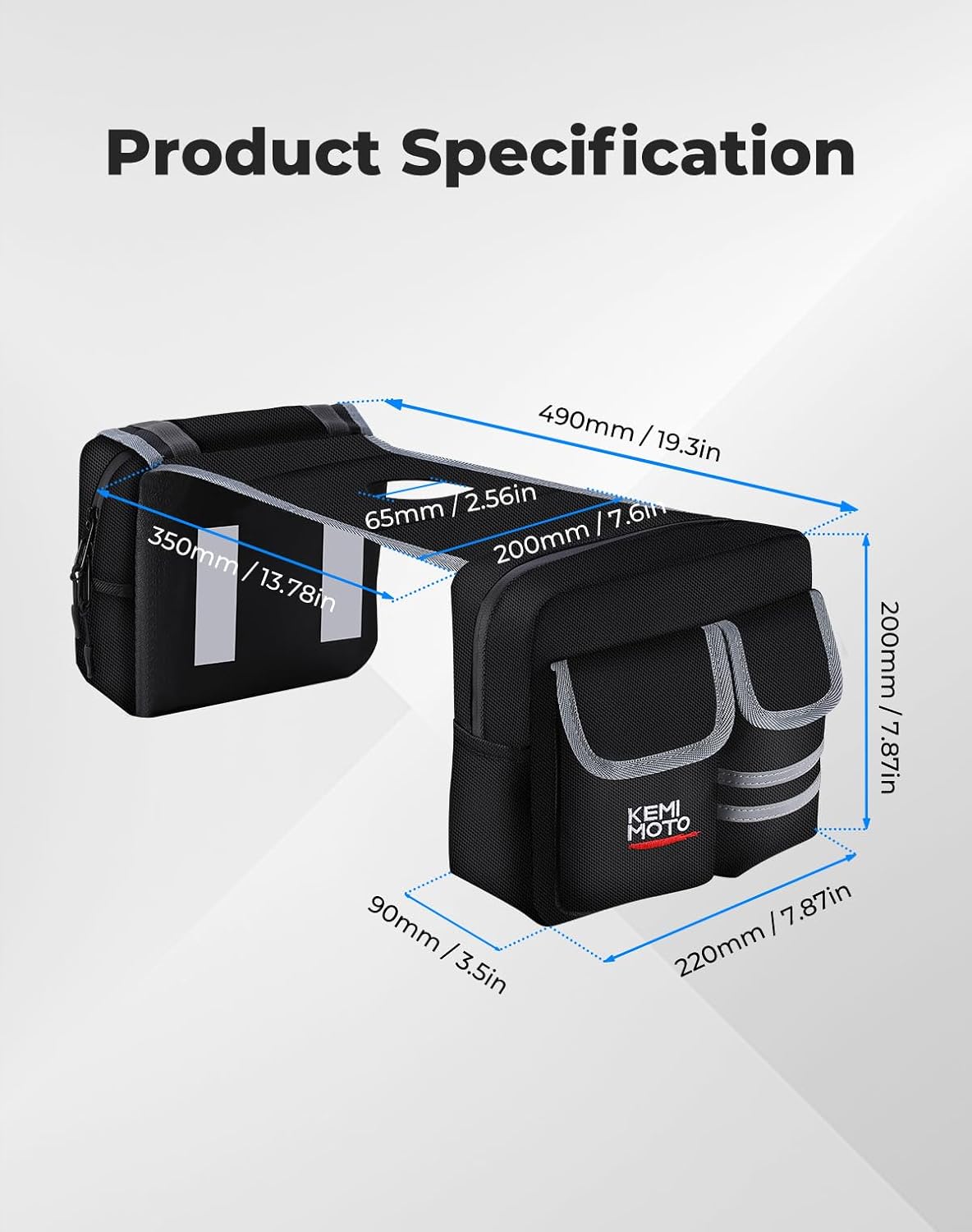 Diagram showing the dimensions of the KEMIMOTO ATV Tank Bag