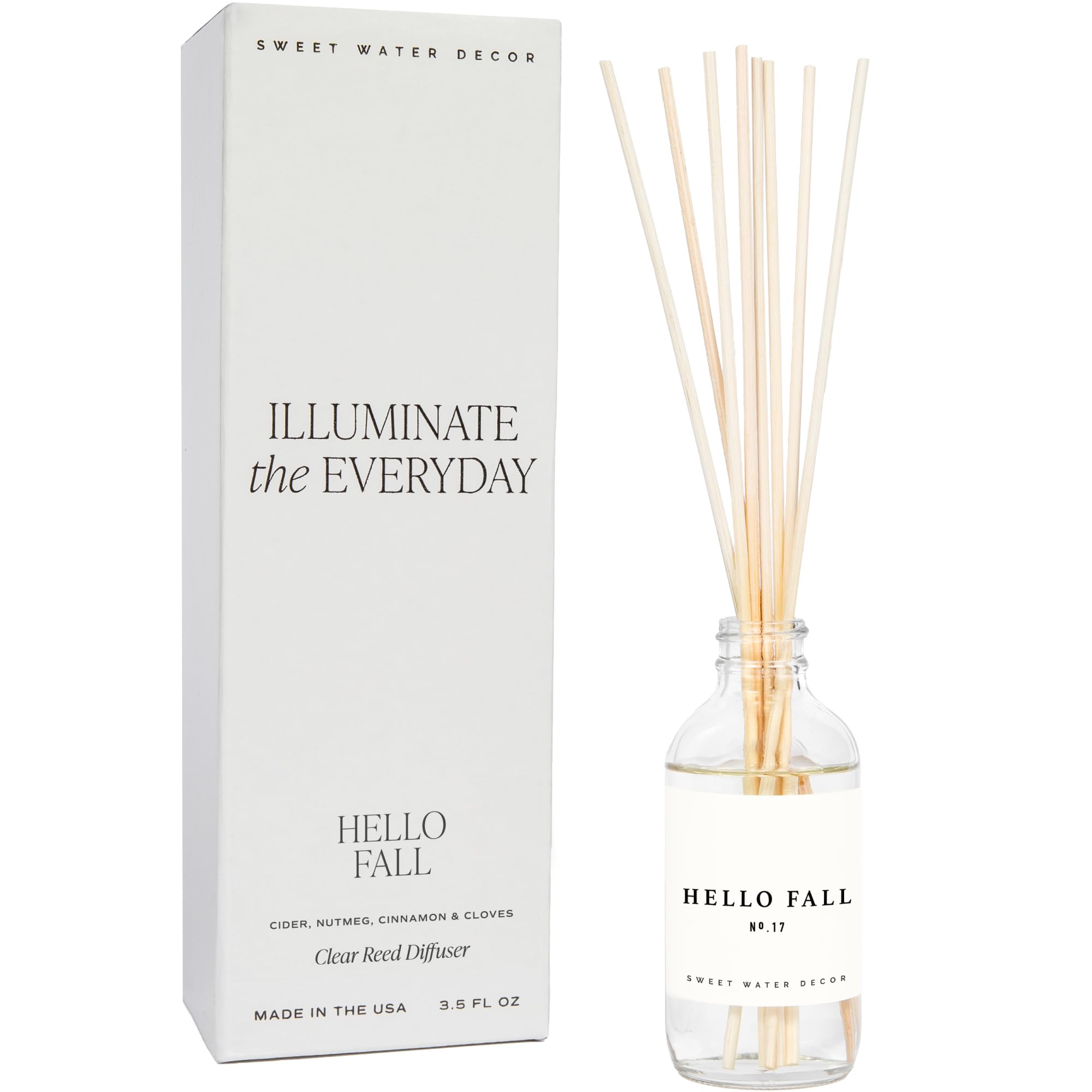 Sweet Water Decor Hello Fall Reed Diffuser Set - Hot Cider, Cinnamon, Cloves, Apple, and Nutmeg Scented Diffuser - Scent Diffusers for Home, Long Lasting Fragrance, Made in The USA