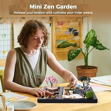 Zen Garden Kit, Unique Mini Authentic, Bamboo Tools Included, Office & Home Desktop Meditation Decor, Relaxation Gifts for Friends Men Women