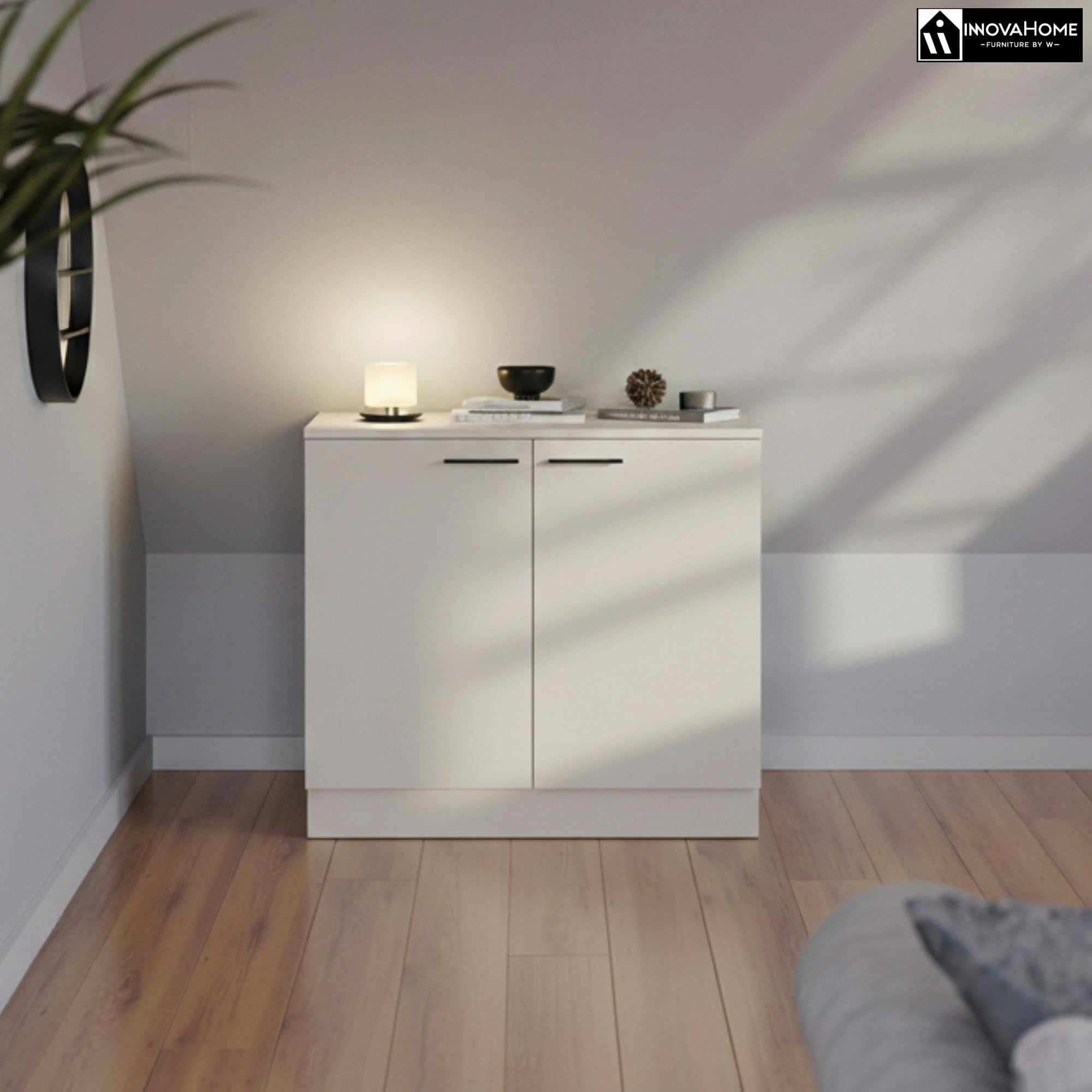 INNOVAHOME Armario Abuhardillado 80cm – Mueble Bajo Tejado con Estructura Maciza de 18mm (Cuerpo y Trasera), Tiradores de Metal y Estante Ajustable – Blanco Glacial