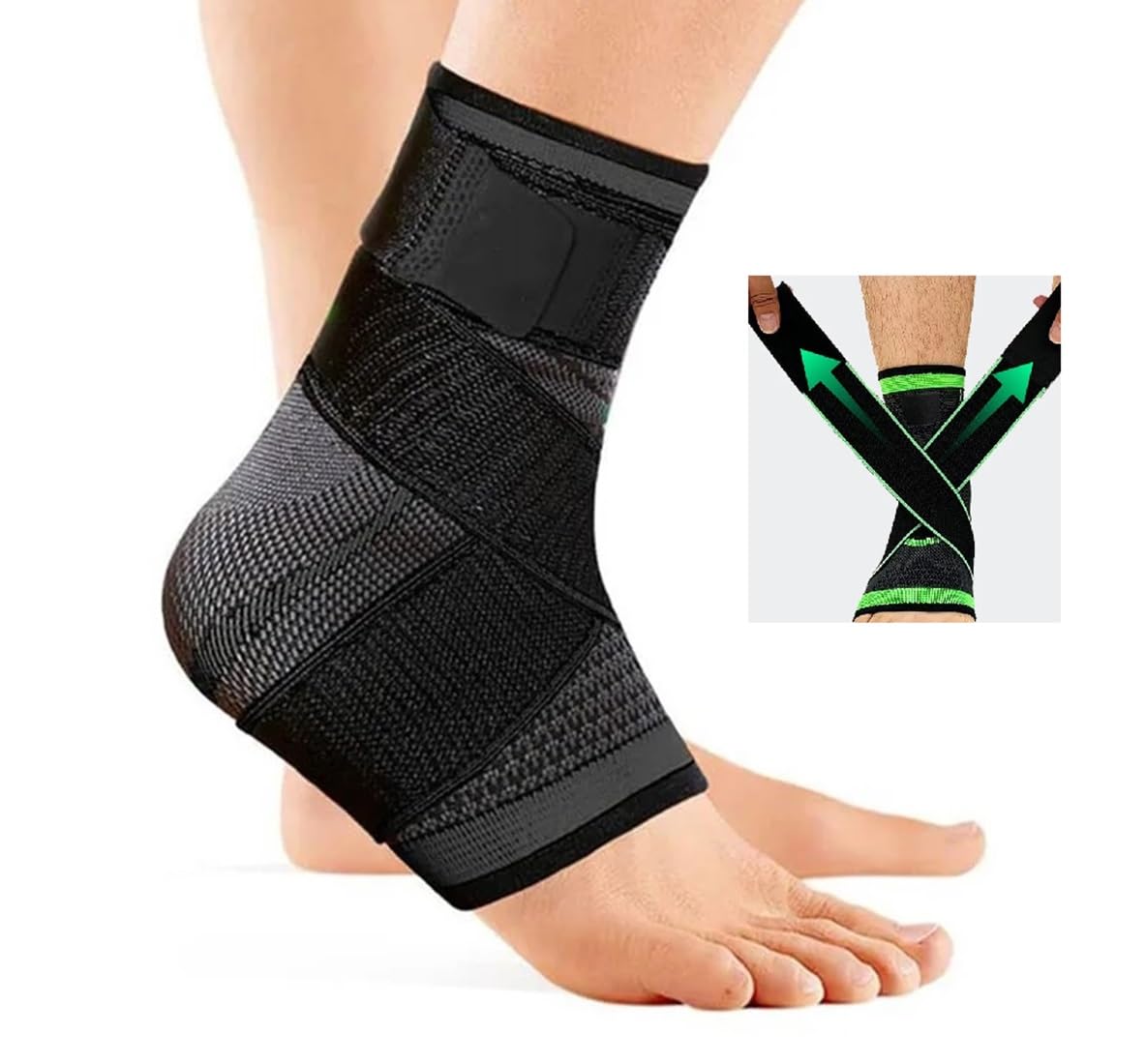 Adjustable Ankle Brace, Heel Brace for Achilles Tendonitis, Plantar Fasciitis - Eases Swelling and Sprains. Ankle Support for Women & Men with Strap, Heel Protector Wrap for Pain Relief and Compression Sleeve for Sprained Ankles (1-Pack) (Green, Large)