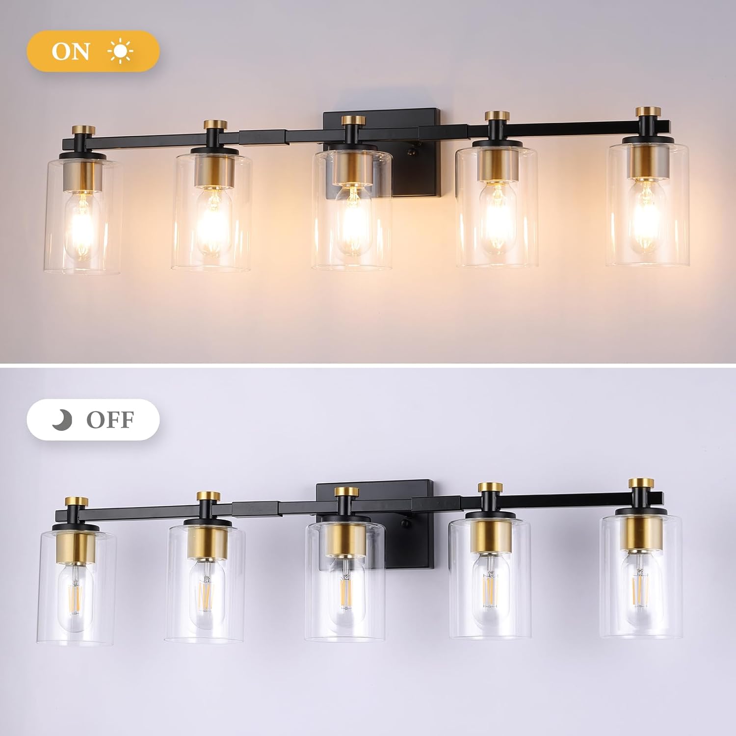 5 Light Bathroom Vanity Light Fixtures, Black and Gold with Clear Glass Shade, Modern Wall Sconce Over Mirror, Brushed Gold for Bathroom (E26 Base)