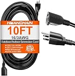 HUANCHAIN 10 FT 16 Gauge Black Indoor Outdoor Extension Cord Waterproof, Flexible Cold Weather 3 Prong Electric Cord Outside, 13A 1625W 125V 16AWG SJTW, ETL Listed