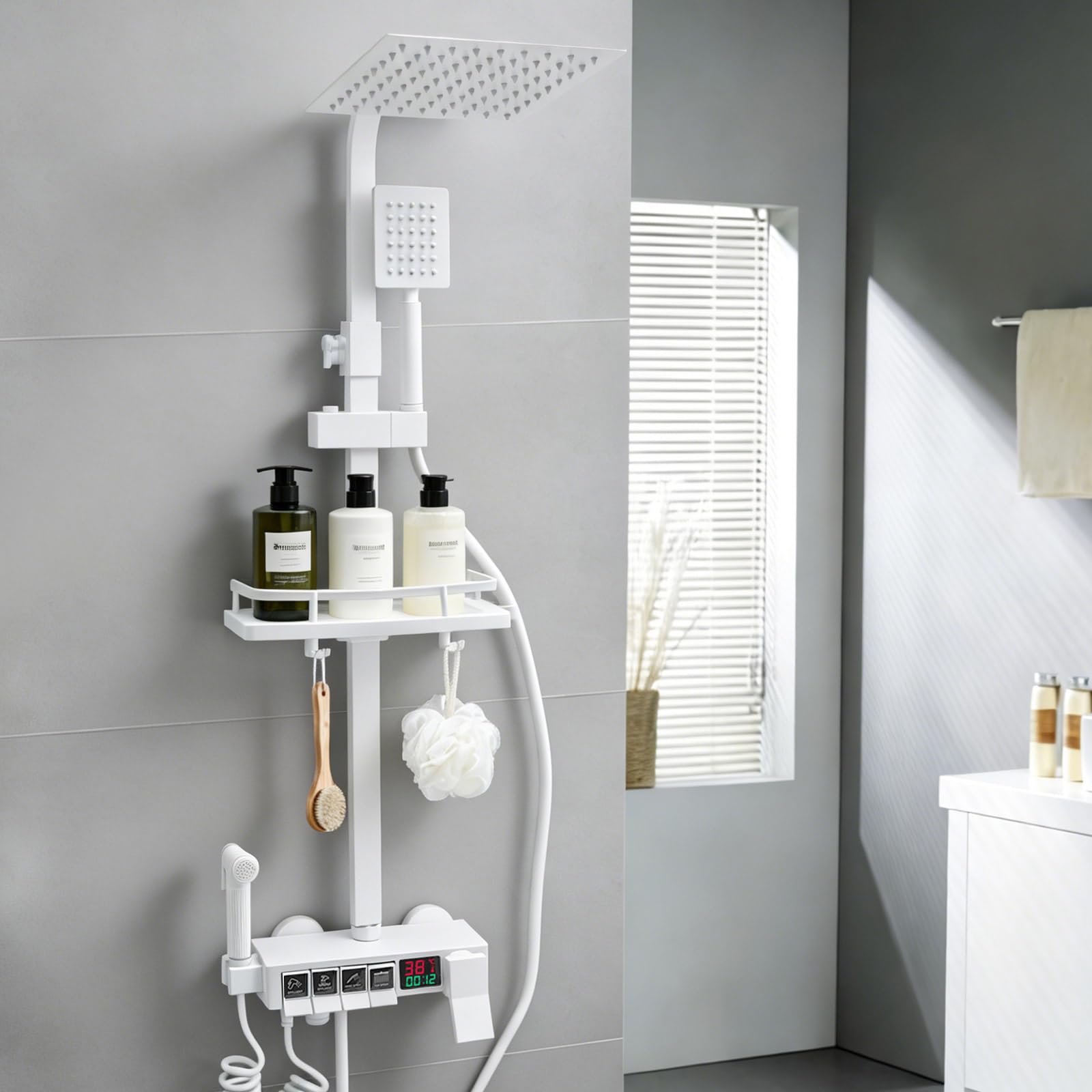 Conjunto de ducha con 4 salidas y termostato LED indicador de ducha de acero inoxidable con alcachofa de mano (manguera de 1,5 m) y cesta de almacenamiento para baño y hotel, color blanco