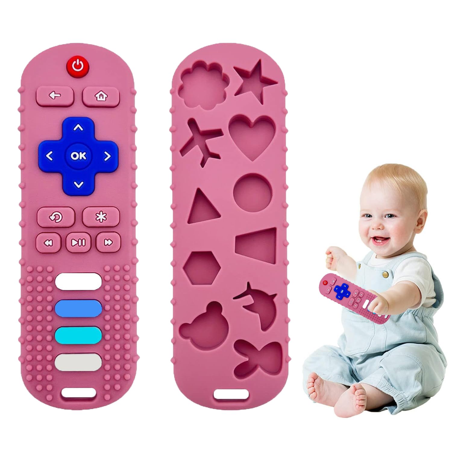 Baby Teething Toys-TV Remote Control Shape Silicone Infants Teething Toys for Babies 0-18 Months,BPA-Free (Pink)