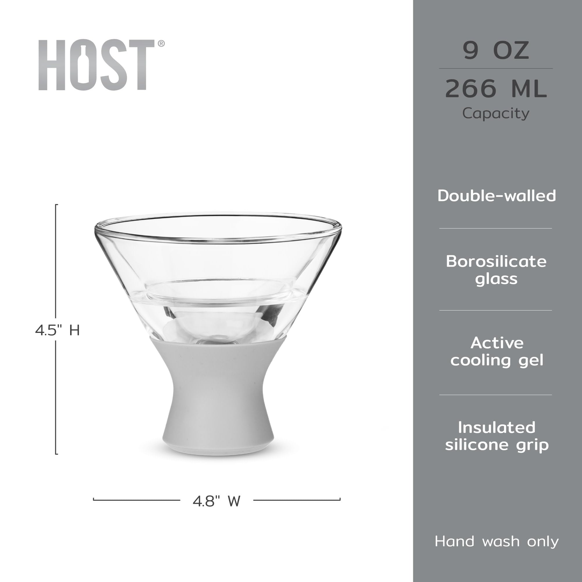 Host Bicchieri da Martini in vetro, isolanti, con fascia in silicone, divertenti bicchieri da cocktail con gel rinfrescante, 255 g, set da 2 pezzi, grigio