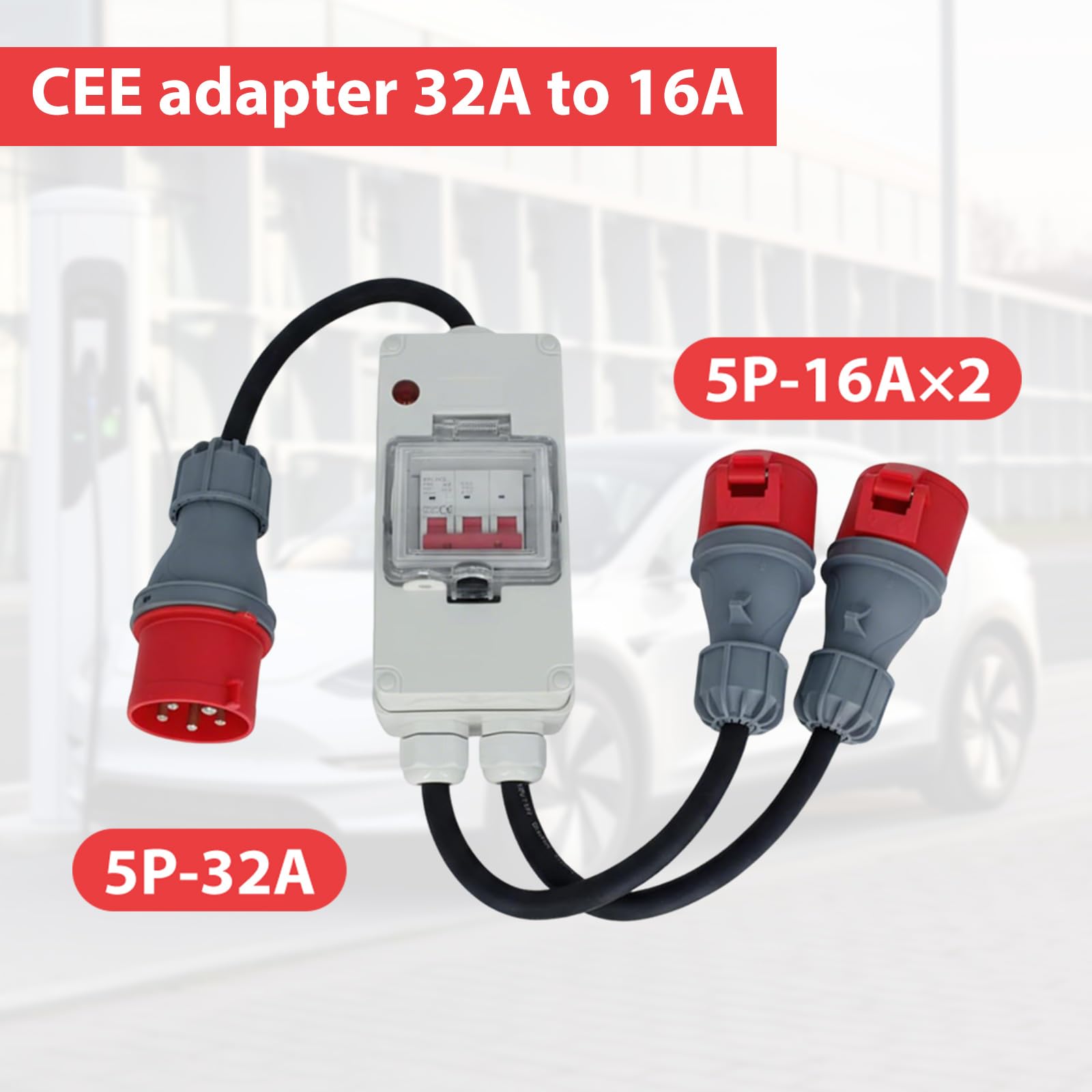 Adapter CEE, wtyczka CEE 5-biegunowa, 32 A do 16 A, 0,5 m na każdym końcu, H07RN-F, 5 x 2,5 mm², rozdzielacz prądu, na kemping, przewód adaptera CEE, pyłoszczelny i wodoszczelny, do samochodów
