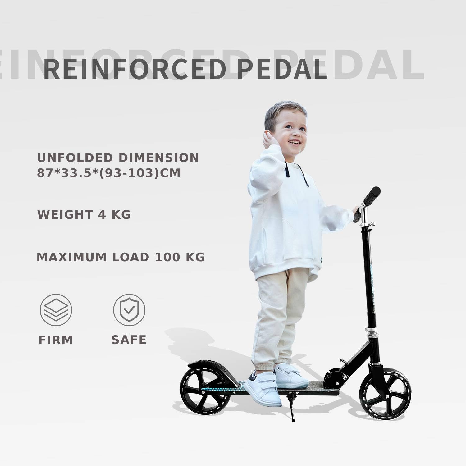 ZWHEEL Patinete Plegable para Adultos y Niños, Manillar Ajustable, Ruedas Grandes de 20cm, Freno Trasero, Carga Máxima 100kg