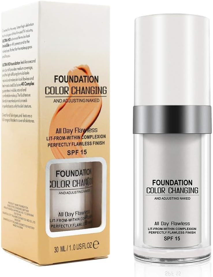 Colour Changing Foundation, Flawless Colour Changing Foundation, Warm Skin Tone Foundation liquid Base Nude Concealer, Moisturizing Fluid BB Cream for all Skin Tone SPF15