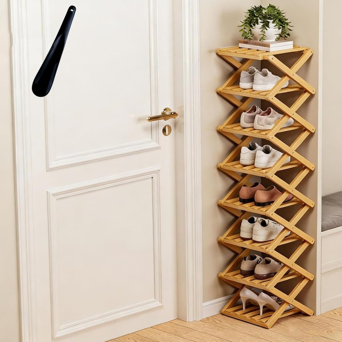 The 9-Tier No-Assembly Bamboo Rack - 2/3/4/5/6/7/8/9/10 Accordion Bamboo Shoe Storage Rack, No Assembly Narrow Shoe Shelf for Entryway Closet Dorm (Nature, 8 Tier)