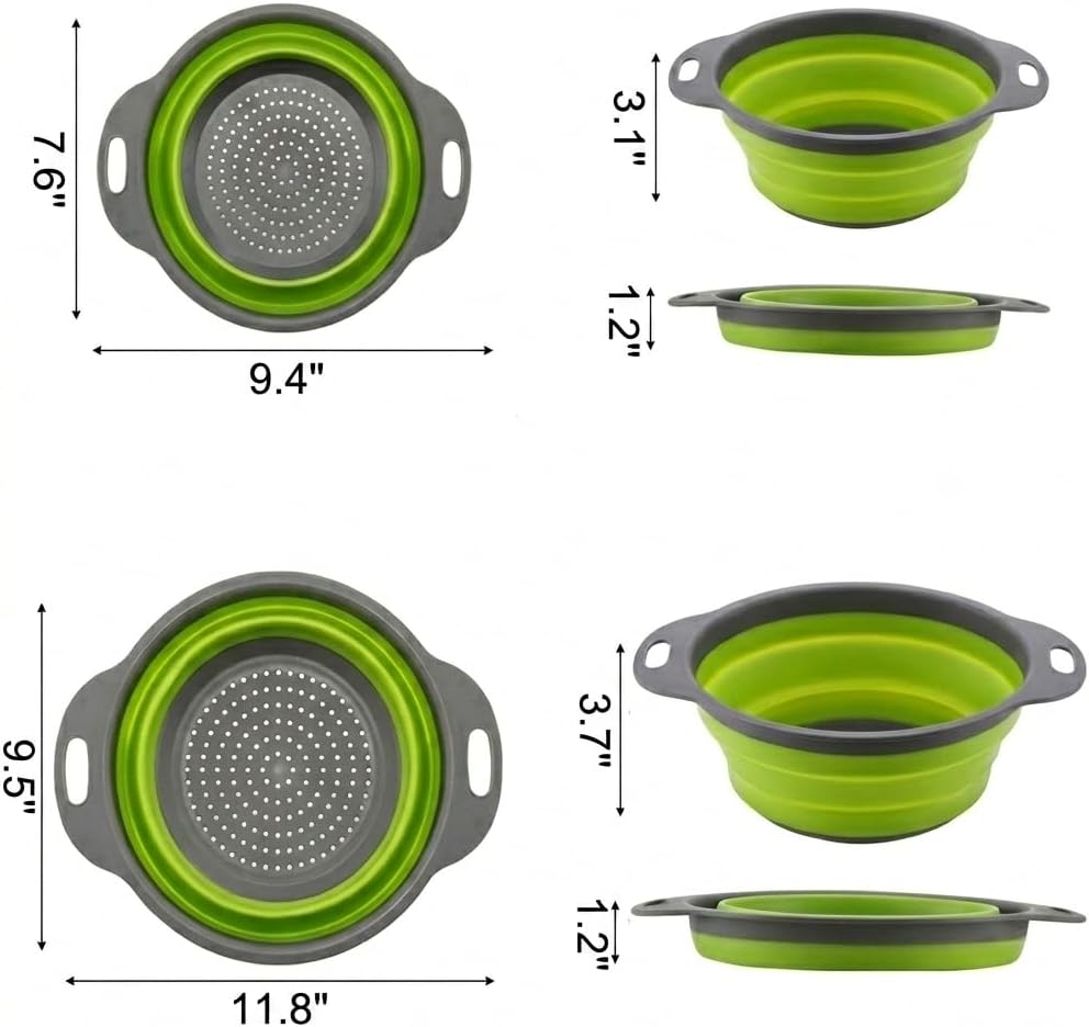 Collapsible Colander Set of 2, Space-Saving Round Silicone Kitchen Strainers, Foldable Food Strainer with Ergonomic Handles, Dishwasher Safe for Fruit, Veggies, Pasta (Green & Grey)