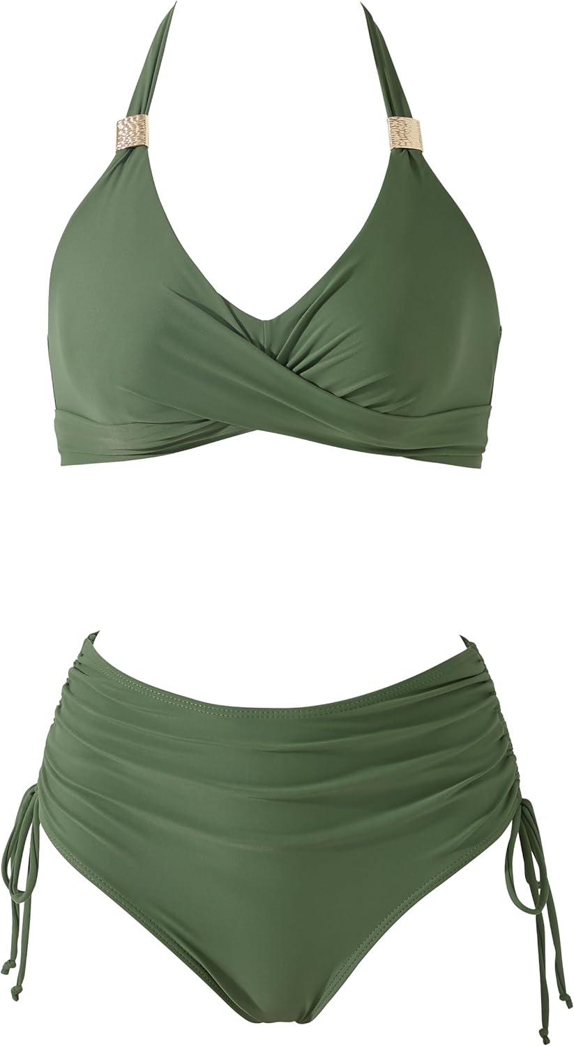 SUUKSESS Womens High Waisted Bikini Sets Tummy Control Drawstring Tie Knot Swimsuit