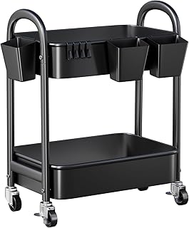 2 Tier Utility Rolling Cart, Storage Organizer Sofa Side Table with Whee...