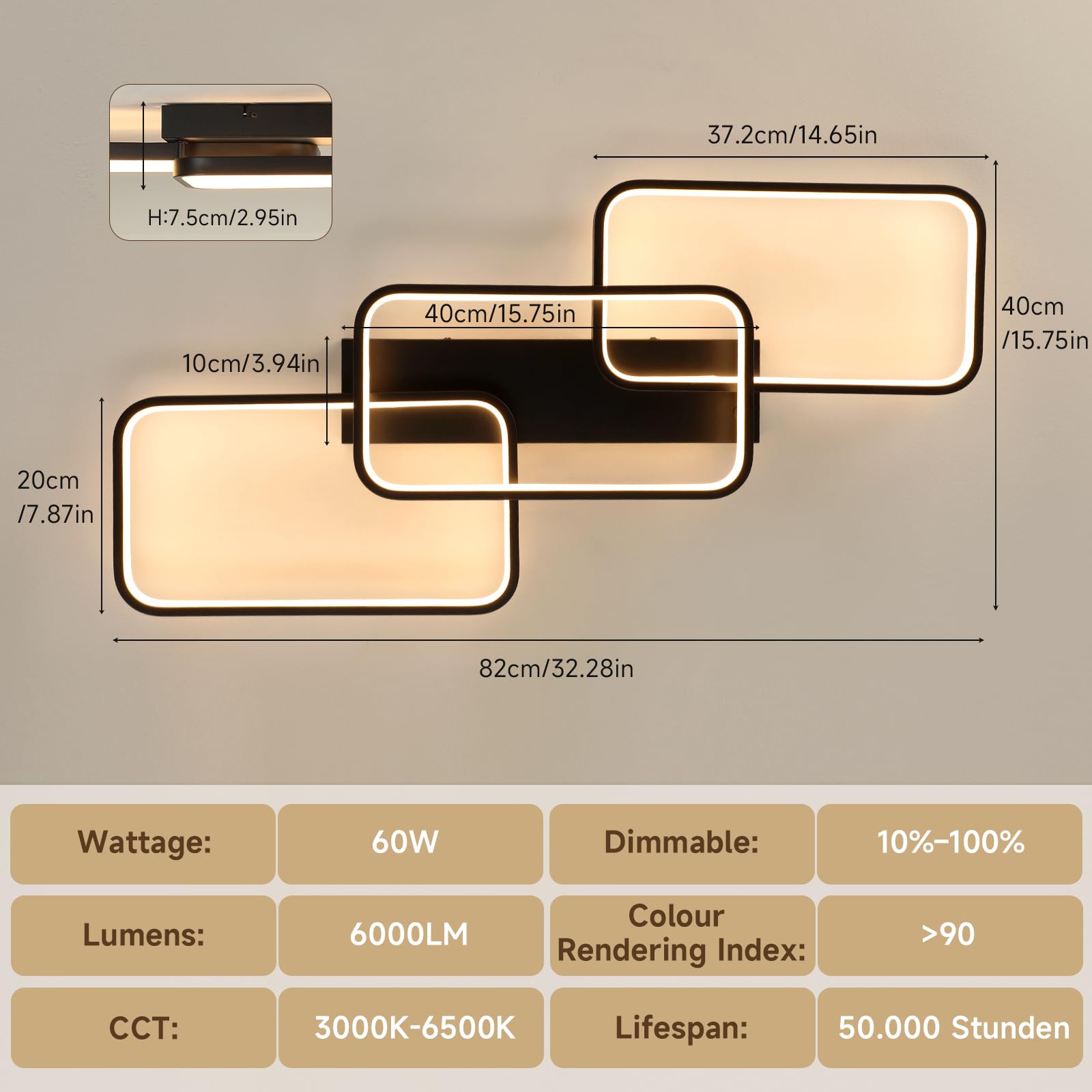 OTREN Lampa sufitowa LED 60 W, 6000 lm, regulowana za pomocą pilota 3000 K, 6500 K, pamięć i blokada, lampka nocna i timer do salonu, sypialni, kuchni, 82 cm, czarna