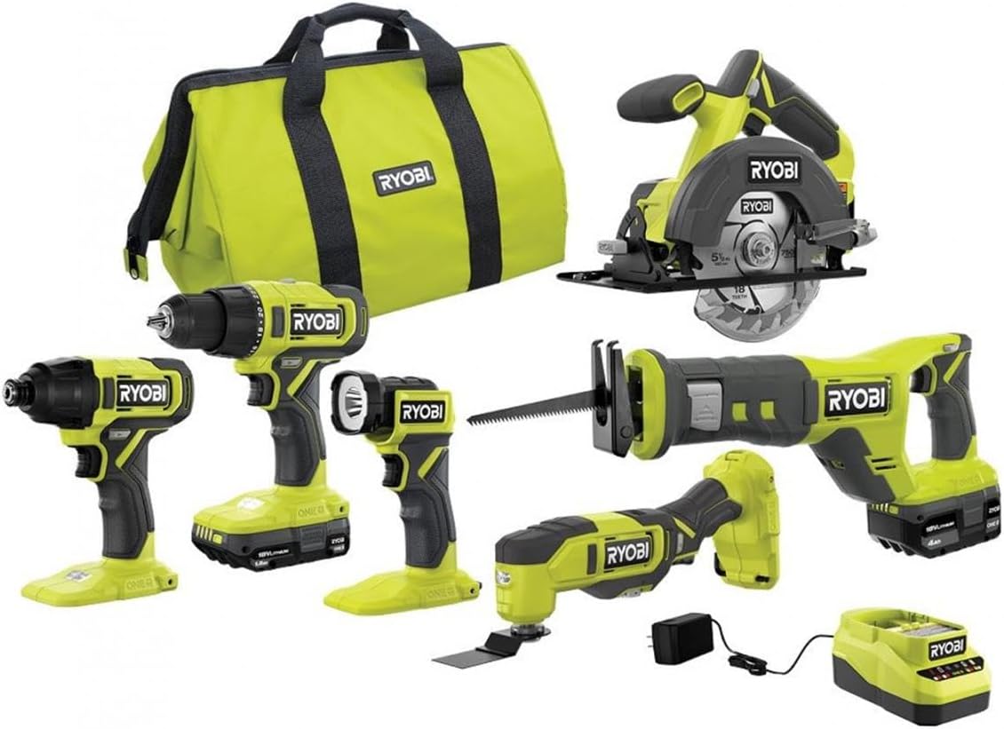 RYOBI ONE+ 18V Cordless 6-Tool Combo Kit with 1.5 Ah Battery, 4.0 Ah Battery, and Charger